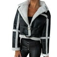 thumbnail image 1 of Usmixi Womens Bomber Jacket Lamb Plush Faux Leather Patchwork Jacket Women Fashion Motorcycle Style Coats Open Front Lapel Soft Fleece Lined Outwear Winter Bomber Jacket, 1 of 3
