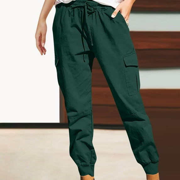 Usmixi Womens Cargo Trousers Casual Solid Drawstring Elastic Waist Long Pants Plus Size Lightweight Straight Thread Pants with Pocket Green l