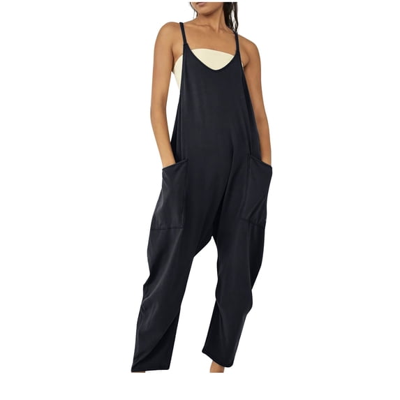Usmixi Womens Casual Jumpsuits Solid Loose Baggy Wide Leg Strap Long Jumpsuits Overalls Fashion Pocket V Neck Sleeveless Maxi Rompers Black s