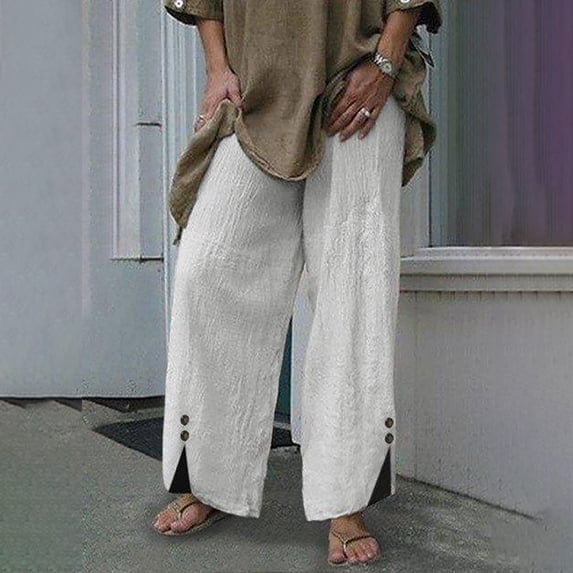 Usmixi Womens Casual Solid Cotton Linen Trousers Plus Size Irregular Button Wide Leg Long Pants Drawstring Elastic Waist Leisure Wear Pants with Pocket White XXXL