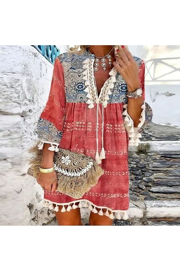 up to 60% off Gifts Usmixi Womens Dresses 3/4 Sleeve V-Neck Western Print Mini Summer Dress Vintage Beach Lace Trim Tassel Loose Tunic Dresses Red Up to 65% off