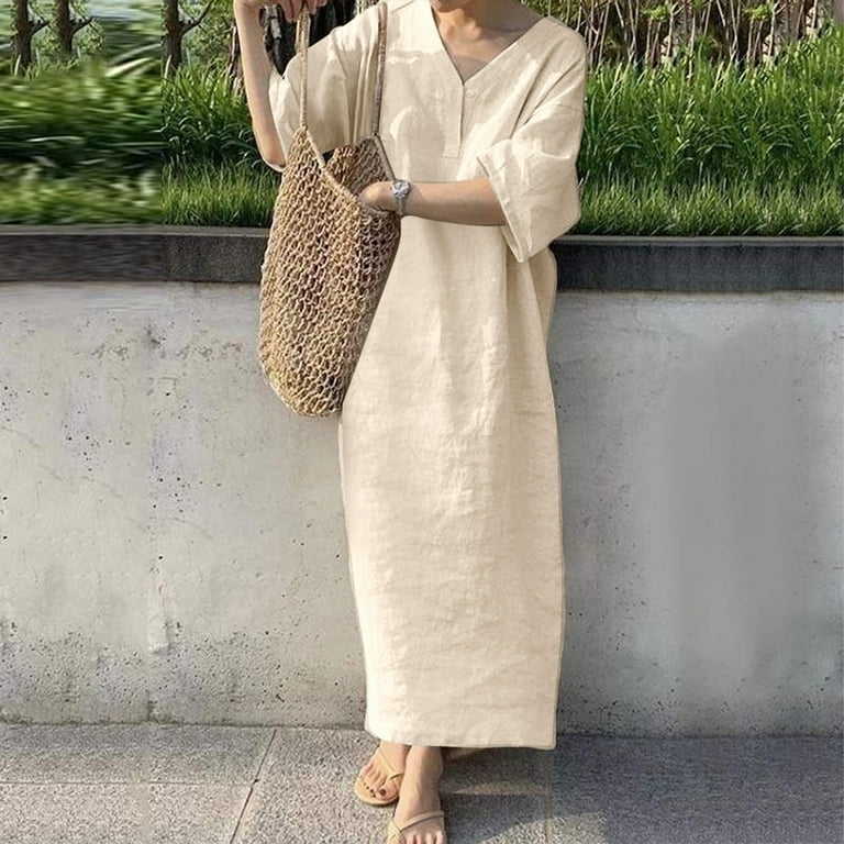 Usmixi Womens Dresses Beach Casual Loose Comfy Cotton Linen Long Sundress  Fashion Solid V-Neck 3/4 Sleeve Maxi Summer Dress Khaki XL