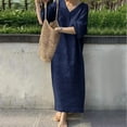 thumbnail image 1 of Usmixi Womens Dresses Beach Casual Loose Comfy Cotton Linen Long Sundress Fashion Solid V-Neck 3/4 Sleeve Maxi Summer Dress Navy XL, 1 of 6