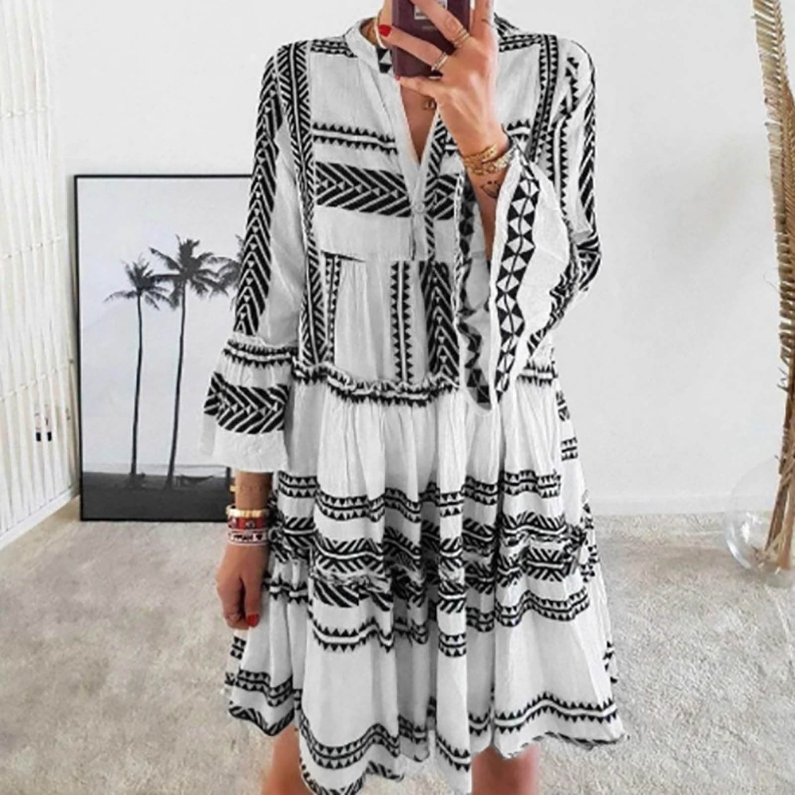 ZZwxWA Womens Dresses Beach Loose Flowy Ruffle Swing Tunic Midi Dresses 3/4  Sleeve V-Neck Striped Print Knee-Length Summer Dress Black XL - Walmart.com