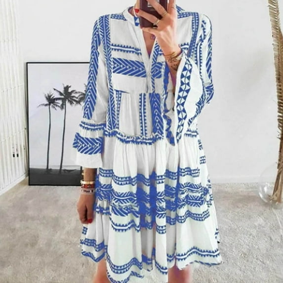 ZZwxWA Womens Dresses Beach Loose Flowy Ruffle Swing Tunic Midi Dresses 3/4 Sleeve V-Neck Striped Print Knee-Length Summer Dress Blue L