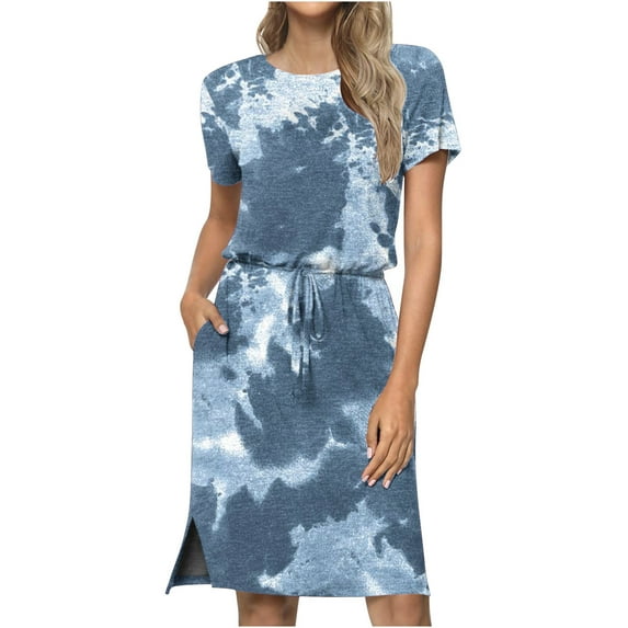 Usmixi Dresses for Women 2025 Business Tie Waist Pocket Slit Tunic Midi Dresses Short Sleeve Round Neck Leopard Print Summer Knee-Length Formal Dress Blue s Under $5