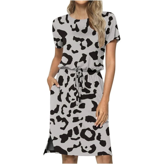 up to 60% off Gifts Usmixi Womens Dresses Business Tie Waist Pocket Slit Tunic Midi Dresses Casual Leopard Print Round Neck Short Sleeve Knee-Length Summer Dress Gray m