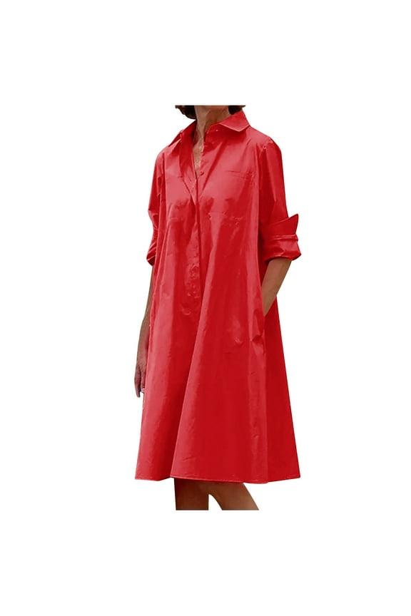 Usmixi Womens Dresses Casual Button Down Lightweight Loose Knee-Length Shirt Dresses Long Sleeve Lapel Solid Midi Summer Dress Red S Clothes