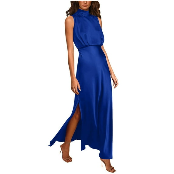 Usmixi Womens Dresses Casual Elastic Waist Slim Slit Party Prom Tank Long Dresses Solid Stand Neck Sleeveless Maxi Summer Dress Blue xl