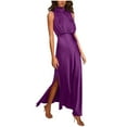 thumbnail image 1 of Usmixi Womens Dresses Casual Elastic Waist Slim Slit Party Prom Tank Long Dresses Solid Stand Neck Sleeveless Maxi Summer Dress Purple s, 1 of 7