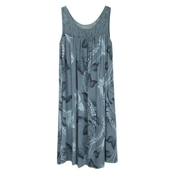 Usmixi Womens Dresses Elegant Lace Patchwork Plus Size Beach Tank Mini Sun Dresses Fashion Leaves Print Round Neck Sleeveless Short Summer Dress Army Green xl