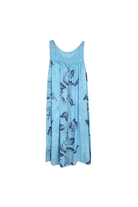 Usmixi Womens Dresses Elegant Lace Patchwork Plus Size Beach Tank Mini Sun Dresses Fashion Leaves Print Round Neck Sleeveless Short Summer Dress Light Blue xxxxl