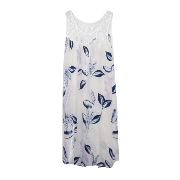 Usmixi Womens Dresses Elegant Lace Patchwork Plus Size Beach Tank Mini Sun Dresses Fashion Leaves Print Round Neck Sleeveless Short Summer Dress White s
