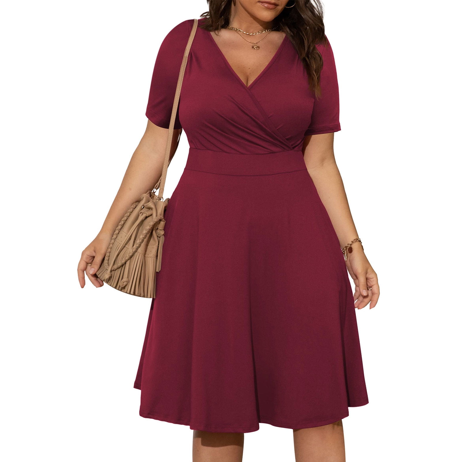 Usmixi Womens Dresses Short Sleeve V-Neck Solid Knee-Length Summer Dress  Casual Swing T Shirt Dresses Pocket Plus Size Dresses Purple Up to 65% off