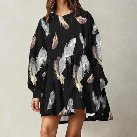 Usmixi Womens Dresses Fall Dresses for Women 2023 Loose Flowy Pleated Swing Fashion Feather Graphics Mini Dress Winter Long Sleeve Casual Short Tunic Tshirt Dress Weekly