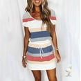 thumbnail image 1 of Usmixi Womens Dresses Fashion Elastic Waist Pocket Hem Tshirt Short Dresses Short Sleeve Crewneck Striped Print Mini Summer Dress Navy XL Clothes, 1 of 6