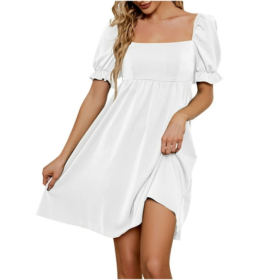 Usmixi Womens Dresses High Waist Casual Smocked Swing Beach Short Sun Dresses Short Sleeve Square Neck Solid Mini Summer Dress White M Clothes