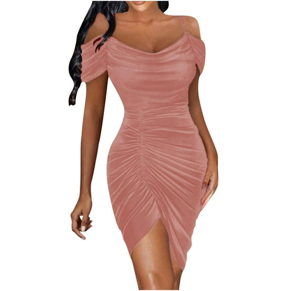 Usmixi Womens Dresses Night Party Club Basic Ruched Sexy Cold Shoulder Bodycon Dresses Casual Solid V-Neck Short Sleeve Mini Summer Dress Pink m