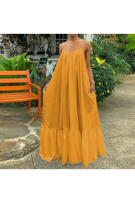 Usmixi Womens Dresses Plus Size Flowy Big Swing Boho Spaghetti Strap Long Dresses for Beach Fashion Solid V-Neck Sleeveless Maxi Summer Dress Yellow XXXXL