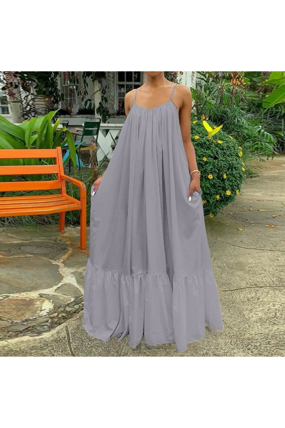 Usmixi Womens Dresses Plus Size Flowy Big Swing Boho Spaghetti Strap Long Dresses for Beach Fashion Solid V-Neck Sleeveless Maxi Summer Dress Gray XL