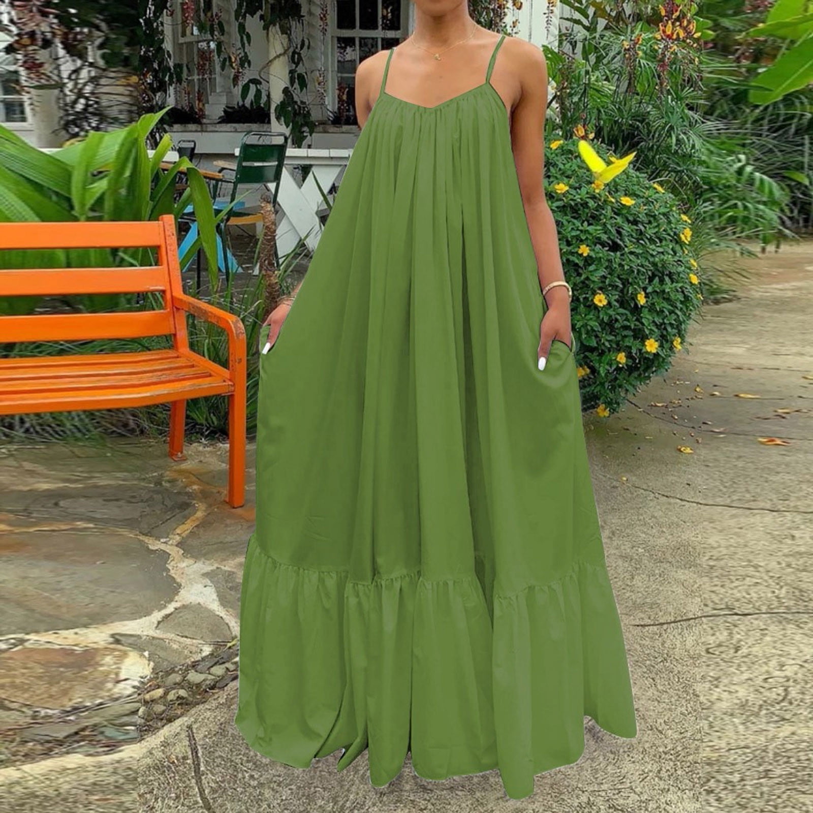 Usmixi Womens Dresses Plus Size Flowy Big Swing Boho Spaghetti Strap Long  Dresses for Beach Fashion Solid V-Neck Sleeveless Maxi Summer Dress Green l  - Walmart.com