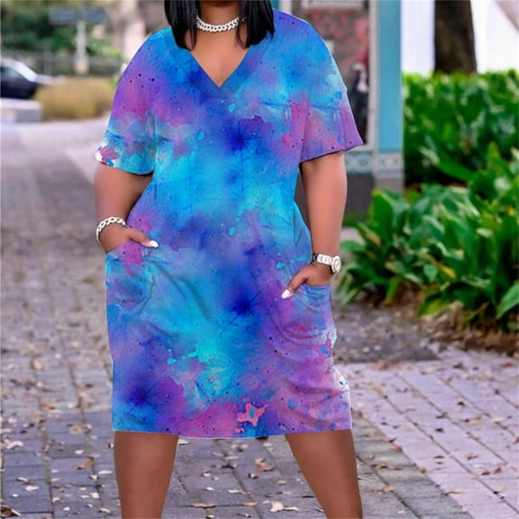 Usmixi Womens Dresses Plus Size Pocket Swing Hem Tunic Midi Sun Dresses Casual Tie-Dye V-Neck Short Sleeve Knee-Length Summer Dress Blue XXXXXL