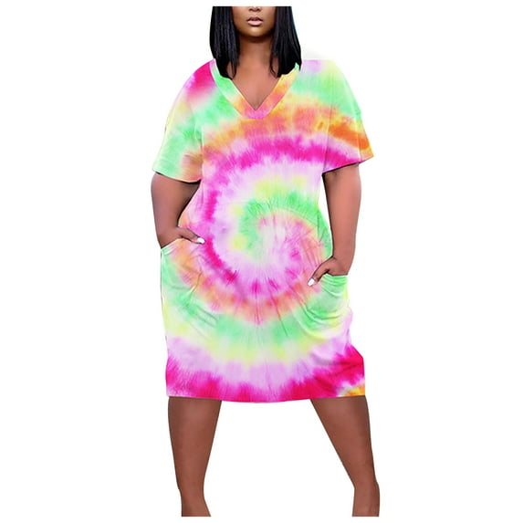 Usmixi Womens Dresses Plus Size Pocket Swing Hem Tunic Midi Sun Dresses Casual Tie-Dye V-Neck Short Sleeve Knee-Length Summer Dress Multicolor xxxl Under $5