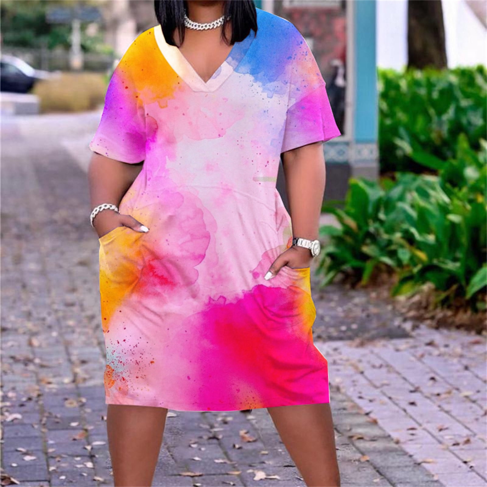 Usmixi Womens Dresses Plus Size Pocket Swing Hem Tunic Midi Sun Dresses