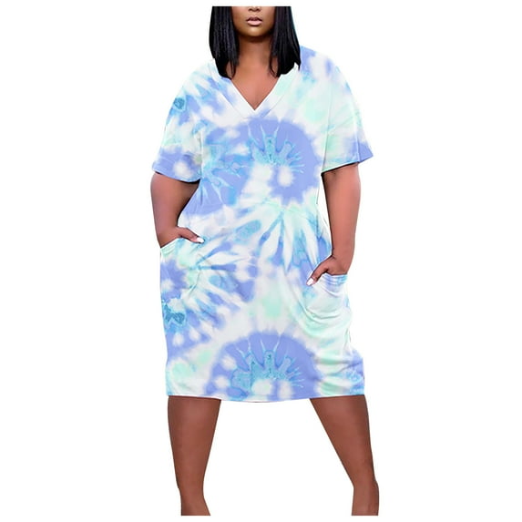 Usmixi Womens Dresses Plus Size Pocket Swing Hem Tunic Midi Sun Dresses Casual Tie-Dye V-Neck Short Sleeve Knee-Length Summer Dress White xxxl Under $5