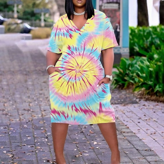 Usmixi Womens Dresses Plus Size Pocket Swing Hem Tunic Midi Sun Dresses Casual Tie-Dye V-Neck Short Sleeve Knee-Length Summer Dress Yellow XXL