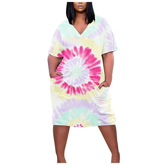 Usmixi Womens Dresses Plus Size Pocket Swing Hem Tunic Midi Sun Dresses Casual Tie-Dye V-Neck Short Sleeve Knee-Length Summer Dress Yellow l Under $5