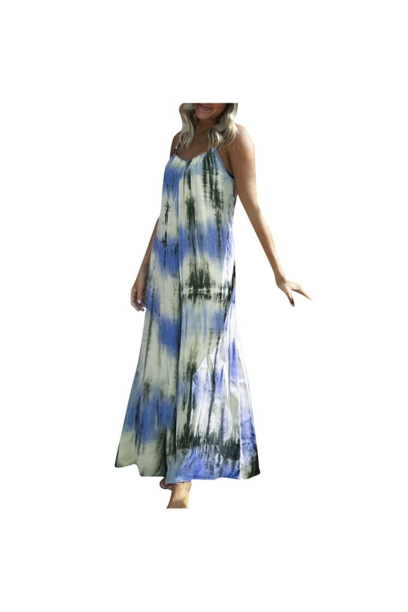 Usmixi Womens Dresses Plus Size Swing Spaghetti Strap Beach Camisole Sun Dresses Sleeveless V-Neck Tie-Dye Maxi Summer Dress Blue XL Up to 65% off