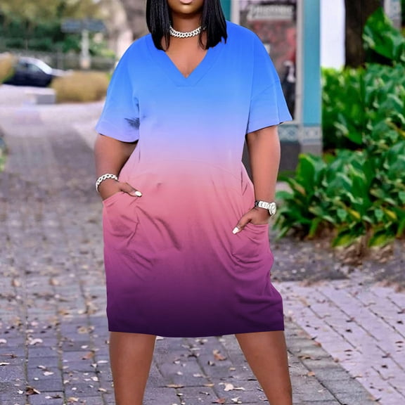 Usmixi Womens Dresses Short Sleeve V-Neck Gradient Midi Summer Dress Vintage Swing T Shirt Pocket Plus Size Dresses Blue XXL