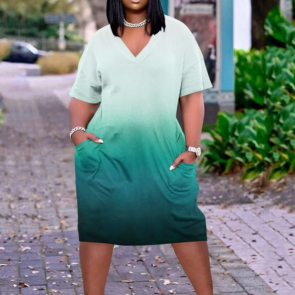Usmixi Womens Dresses Short Sleeve V-Neck Gradient Midi Summer Dress Vintage Swing T Shirt Pocket Plus Size Dresses Blue XXL