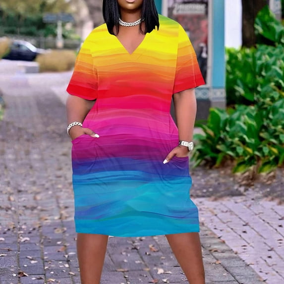 Usmixi Womens Dresses Short Sleeve V-Neck Gradient Midi Summer Dress Vintage Swing T Shirt Pocket Plus Size Dresses Orange XXXL