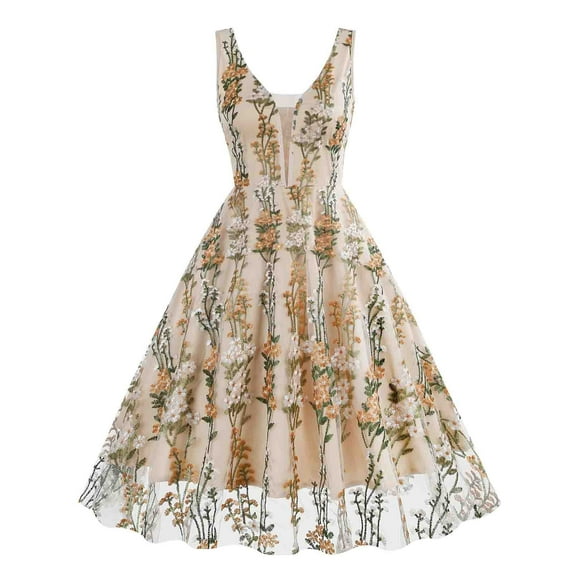 Usmixi Womens Dresses Vintage Lace Patchwork Empire Waist Pleated Swing Party Prom 1950S Dresses Summer Floral Print V-Neck Short Sleeve Formal Midi Dress Yellow l