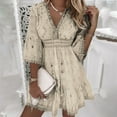 thumbnail image 1 of Usmixi Womens Dresses Wedding Guest Elegant Lace Trim Empire Waist Swing A Line Mini Dresses with Strappy Summer Solid V-Neck 3/4 Sleeve Formal Short Dress Beige XL, 1 of 7