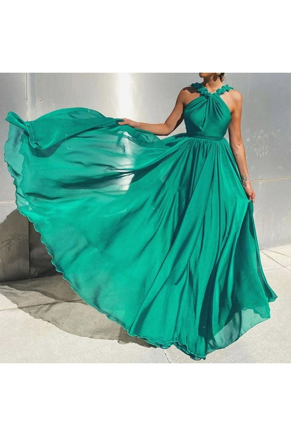 Usmixi Womens Dresses Wedding Guest Party Empire Waist Flowy Swing Formal Maxi Dresses Fashion Solid Halter Sleeveless Long Summer Dress Green XL