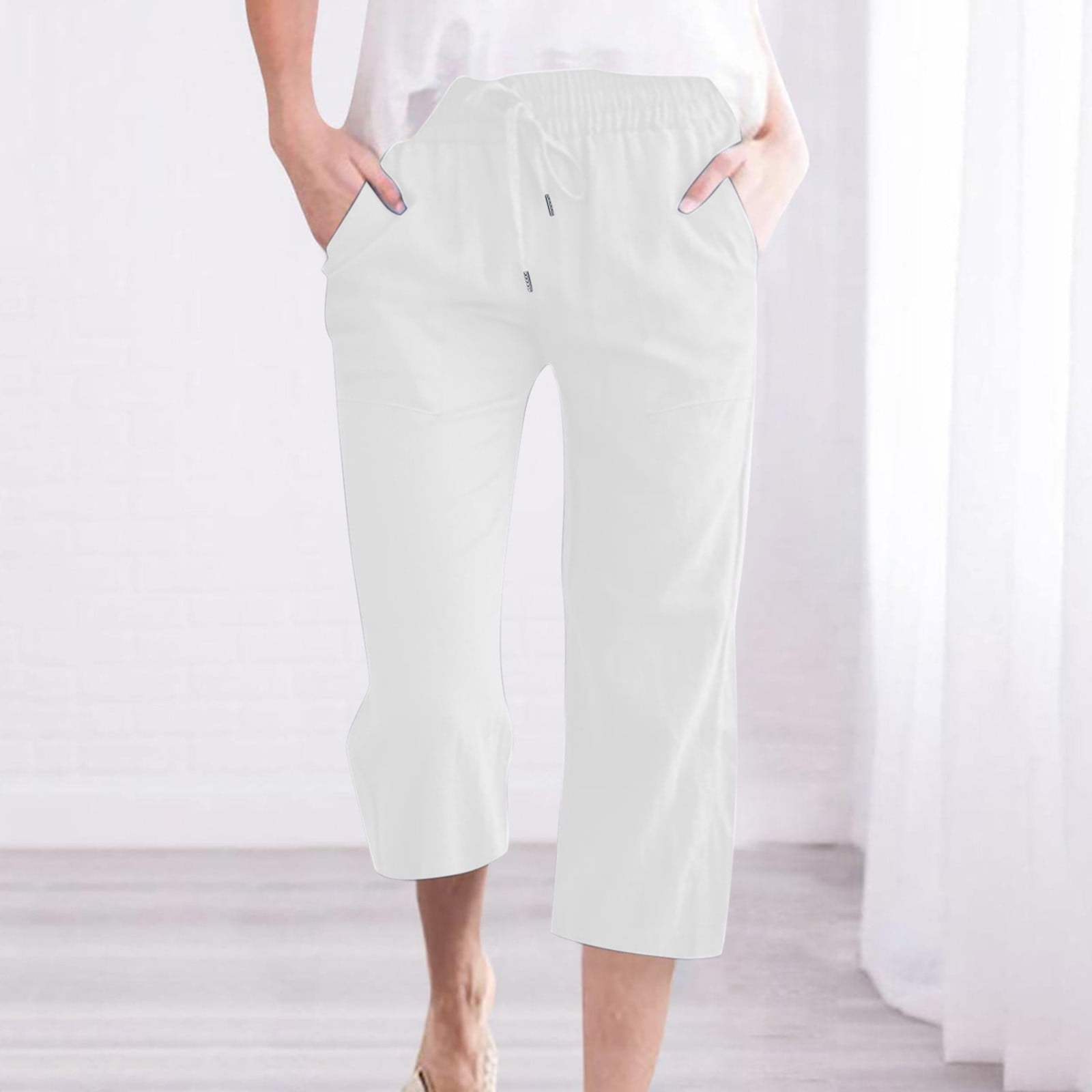 Usmixi Womens Elastic Waist Cropped Trousers Comfy Lightweight Cotton Linen  Leisure 3/4 Pants Fashion Drawstring Plus Size Straight Wide Leg Pants with  Pocket White XL 