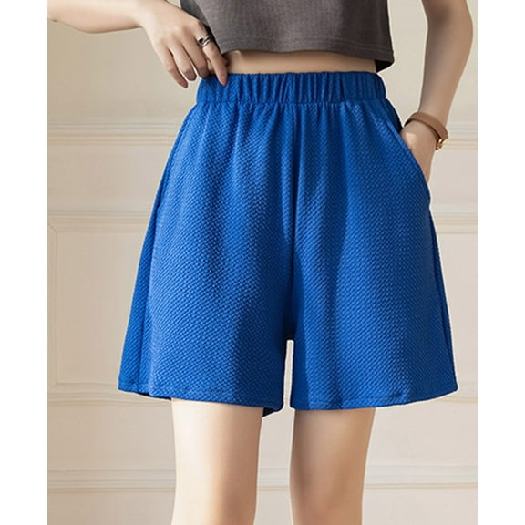 Usmixi Womens Elastic Waist Shorts Casual Solid Knitted Stretchy Cotton Short Pants Summer Loose Straight Leisure Shorts with Pocket Blue XL