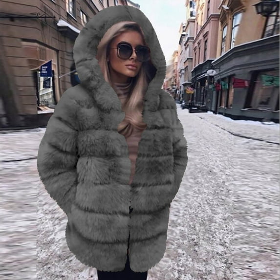 Usmixi Womens Faux Fur Coat Womens Faux Furry Coats Plus Size Casual Solid Open Front Hooded Jacket Soft Cozy Fuzzy Fleece Plush Outerwear with Pocket Winter Faux Fur Coat