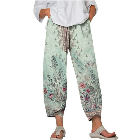 Usmixi Womens High Waist Pants Vintage Ethnic Style Graphics Plus Size Trousers Loose Irregular Straight Cotton Linen Leisure Long Pants with Pocket Army Green XXL
