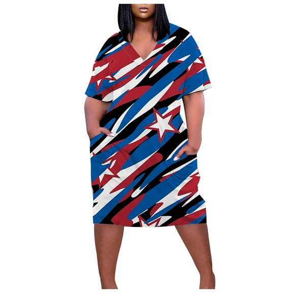Usmixi Womens Independence Day Dresses 4th of July Patriotic Plus Size Pocket Tunic Midi Dresses Fashion Star Striped Print V-Neck Short Sleeve Knee-Length Summer Dress Navy xxxxxl