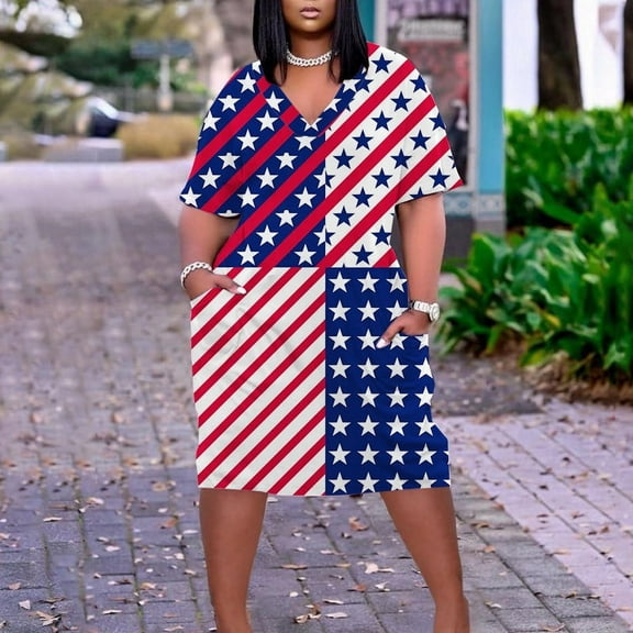 Usmixi Womens Independence Day Dresses 4th of July Plus Size Casual Swing Pocket Tunic Dresses Fashion US Flag Print V-Neck Short Sleeve Midi Summer Dress Multicolor XXXL
