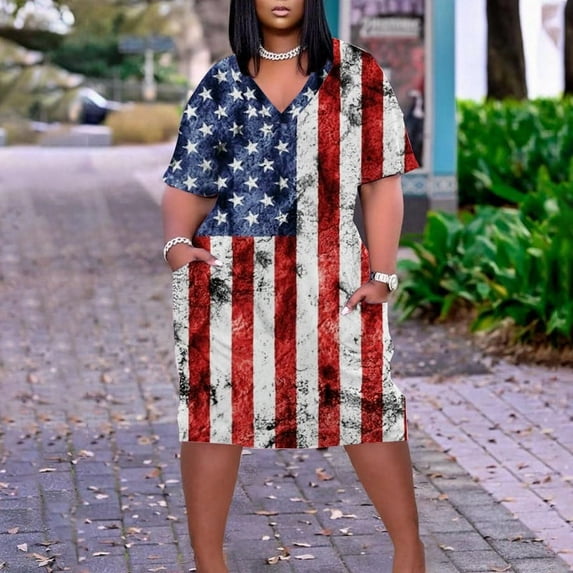 Usmixi Womens Independence Day Dresses 4th of July Plus Size Casual Swing Pocket Tunic Dresses Fashion US Flag Print V-Neck Short Sleeve Midi Summer Dress White XXXXL