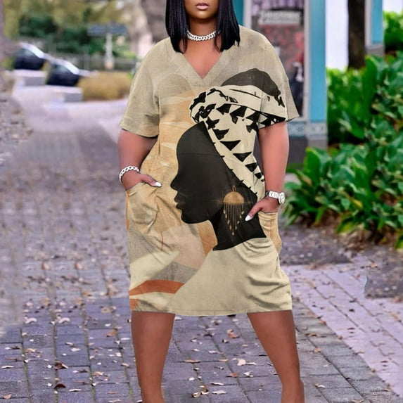 Usmixi Womens Independence Day Dresses 4th of July Plus Size Casual Swing Pocket Tunic Dresses Fashion US Flag Print V-Neck Short Sleeve Midi Summer Dress Khaki XXXXXL