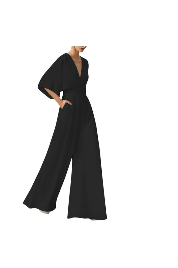 Usmixi Womens Jumpsuits Business Empire Waist Wide Leg Maxi Jumpsuits with Pocket Trendy Solid V-Neck Elbow-Length Long Summer Rompers Black s
