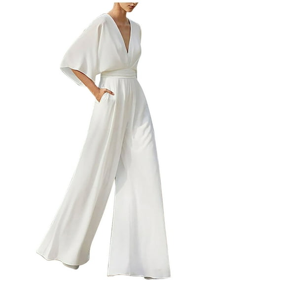 Usmixi Womens Jumpsuits Business Empire Waist Wide Leg Maxi Jumpsuits with Pocket Trendy Solid V-Neck Elbow-Length Long Summer Rompers White l