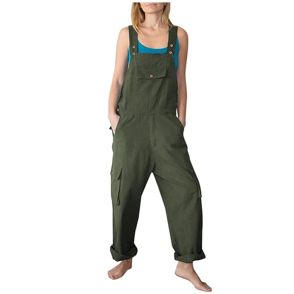 Usmixi Womens Jumpsuits Casual Plus Size Cotton Linen Strap Long Jumpsuits Overalls with Pocket Trendy Solid Square Neck Sleeveless Maxi Summer Rompers Army Green xl