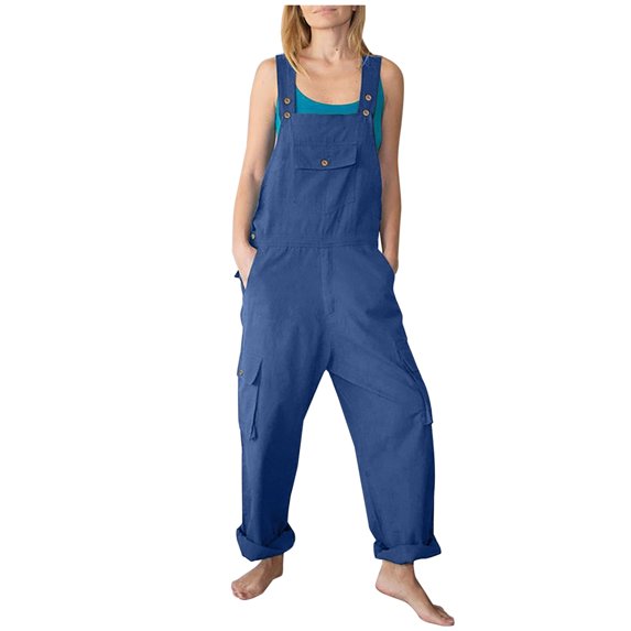 Usmixi Womens Jumpsuits Casual Plus Size Cotton Linen Strap Long Jumpsuits Overalls with Pocket Trendy Solid Square Neck Sleeveless Maxi Summer Rompers Blue m